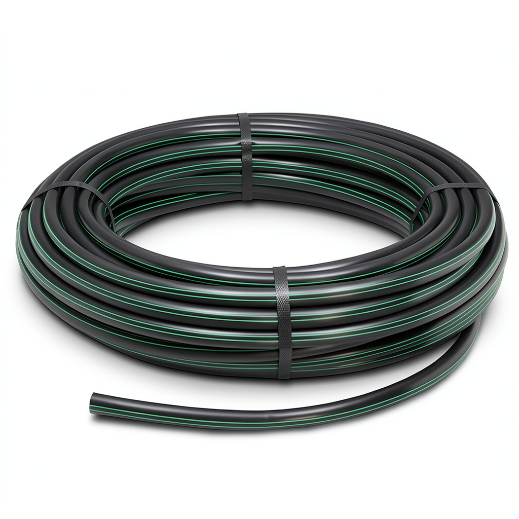لفة أنابيب HDPE ضغط 15.7 بار PE 63، قطر خارجي 16 مم SDR 6 أسود مع خط أخضر