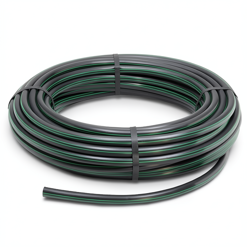 لفة أنابيب HDPE ضغط 15.7 بار PE 63 قطر خارجي 20 مم SDR 6 أسود مع خطوط خضراء