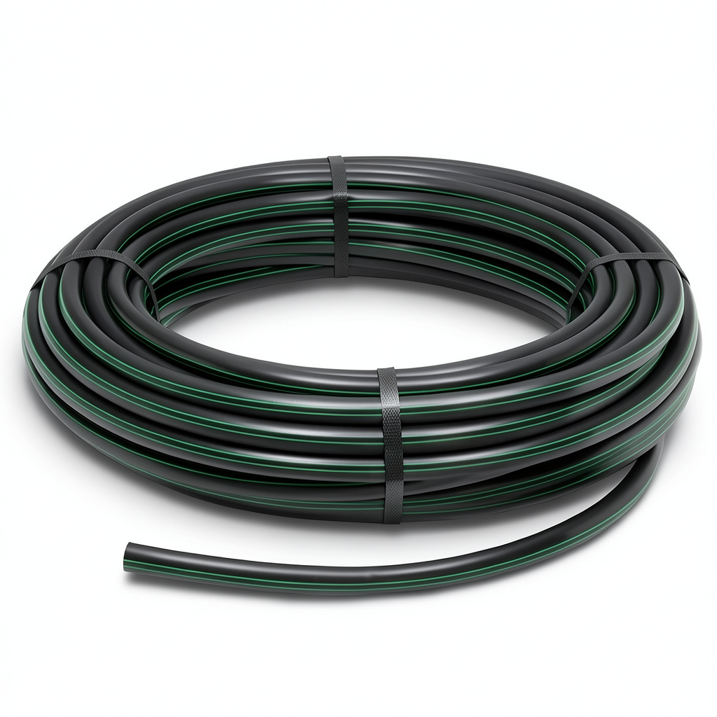 HDPE Plastic Coil Pipe PN 15.7 Bar PE 63, 110 mm SDR 6 Black with Green Stripes