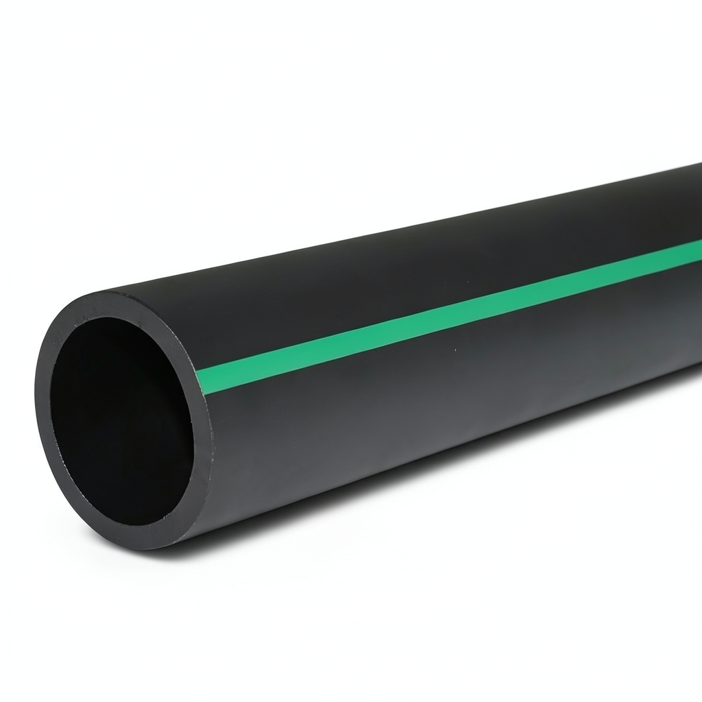 مواسير بلاستيك HDPE ضغط 3.9 بار PE 63، قطر خارجي 280 مم SDR 21، أسود مع خطوط خضراء