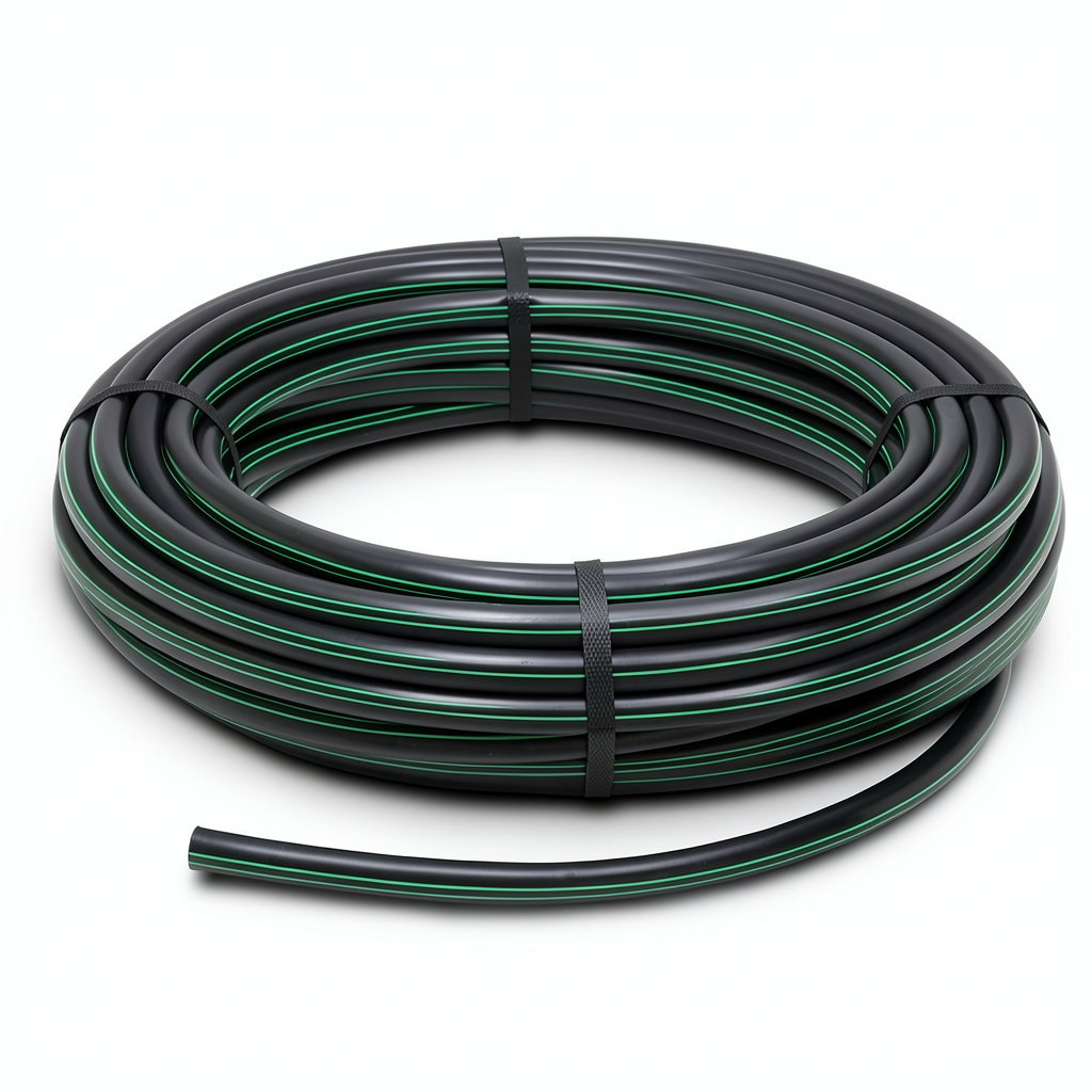 HDPE Plastic Coil Pipe PN 15.7 Bar PE 63, 140 mm Diameter SDR 6 Black with Green Stripes