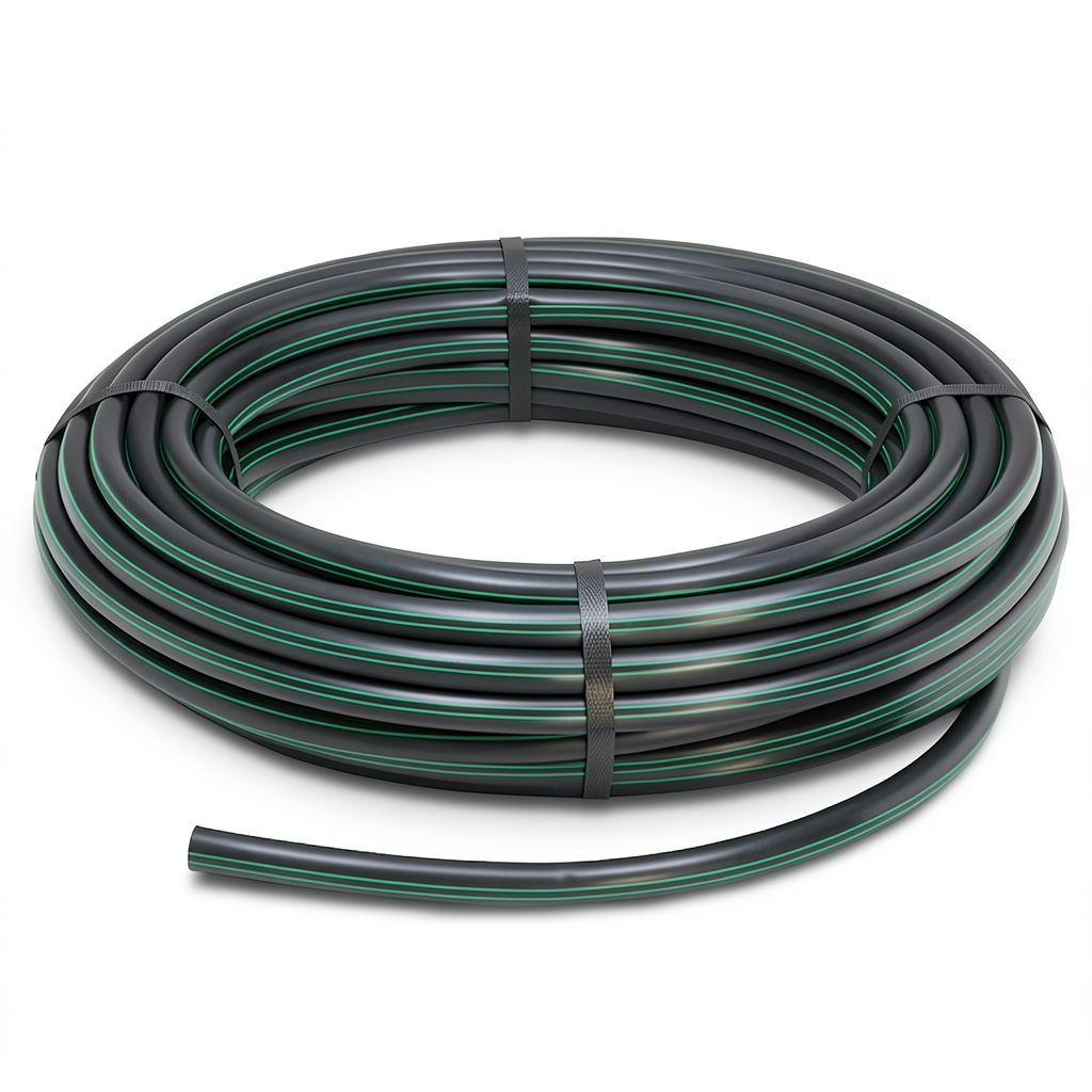لفة أنابيب HDPE ضغط 15.7 بار PE 63 قطر خارجي 160 مم SDR 6 أسود مع خطوط خضراء
