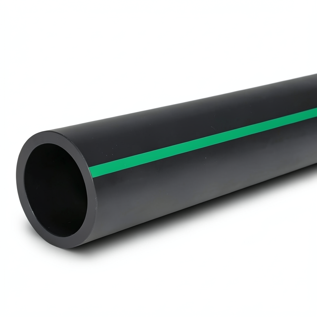 HDPE Polyethylene Pipe PN 9.8 Bar PE 63 450 mm SDR 9 Black with Green Stripes