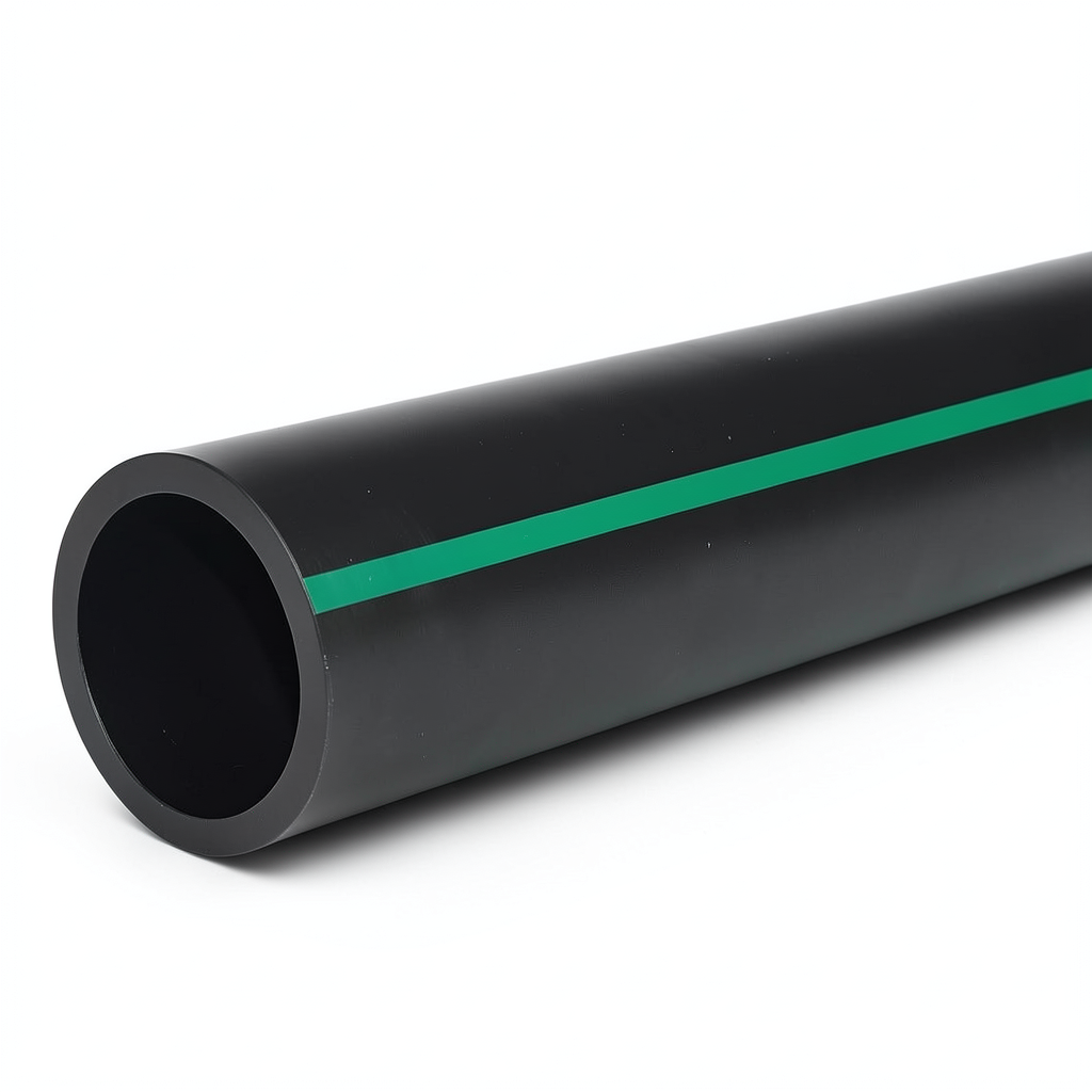 مواسير HDPE بولي ايثيلين ضغط 15.7 بار PE 63، قطر خارجي 225 مم SDR 6 أسود مع خطوط خضراء
