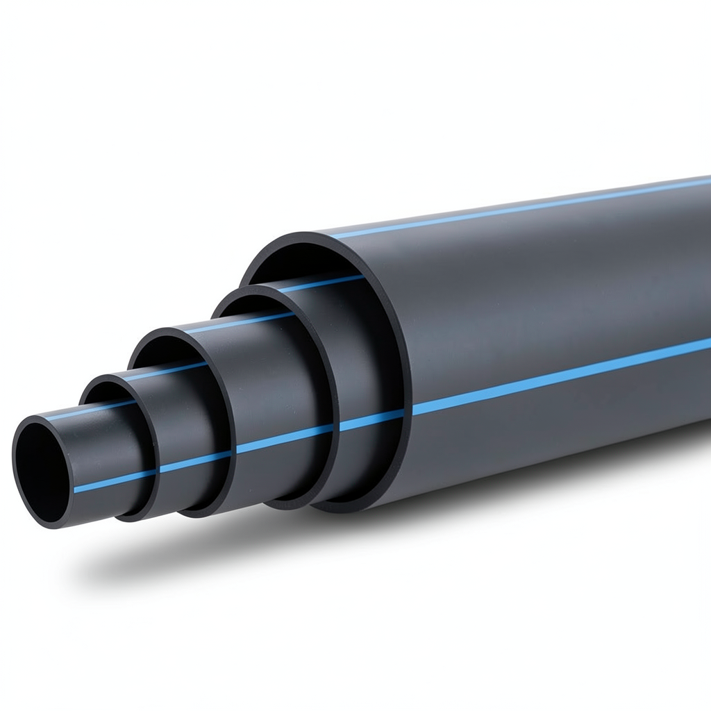 HDPE Plastic Pipe Nominal Pressure 3.2 Bar PE 100 Outside Diameter 450 mm SDR 41 Black with Blue Stripes