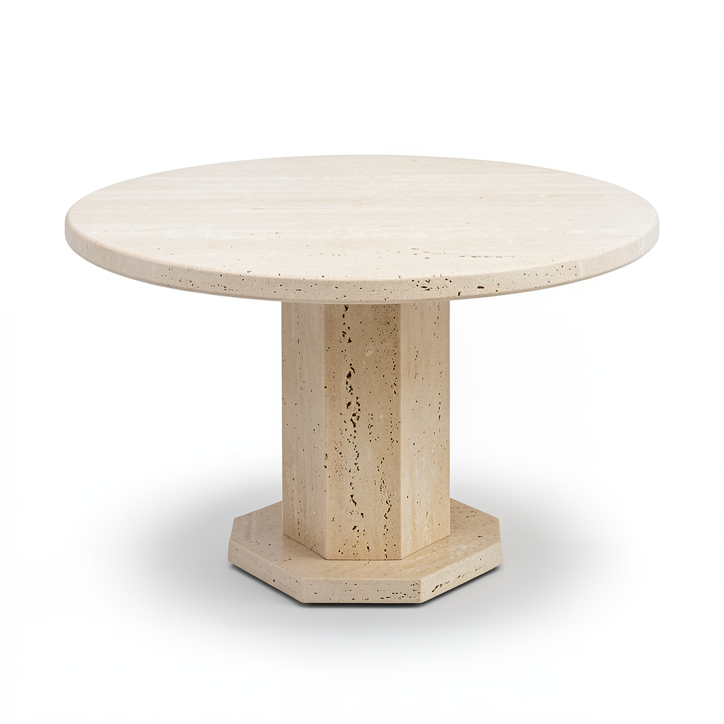 Hexago Round Travertine Dining Table with Hexagon Base