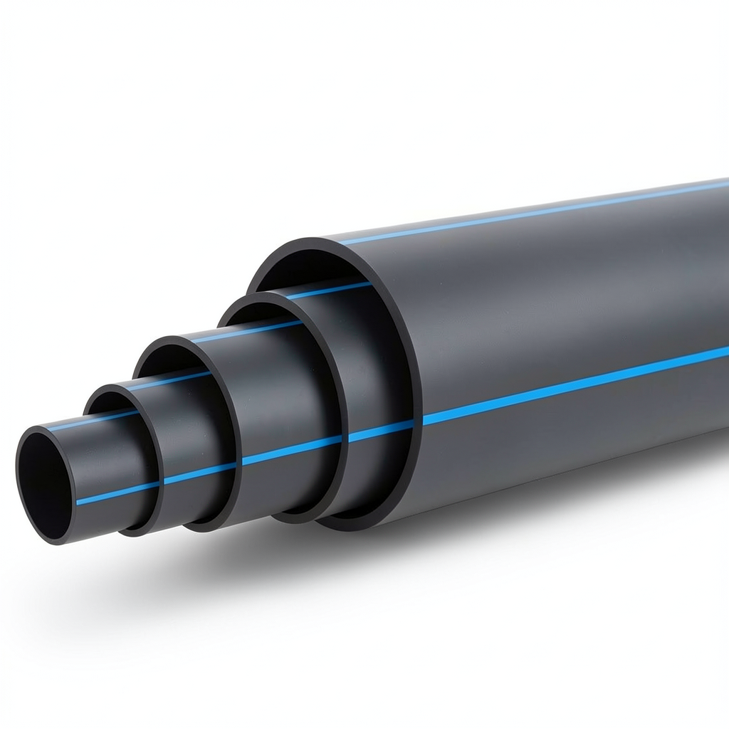 مواسير بلاستيك HDPE ضغط 4 بار PE 100 قطر خارجي 355 مم SDR 33 أسود مع خط أزرق