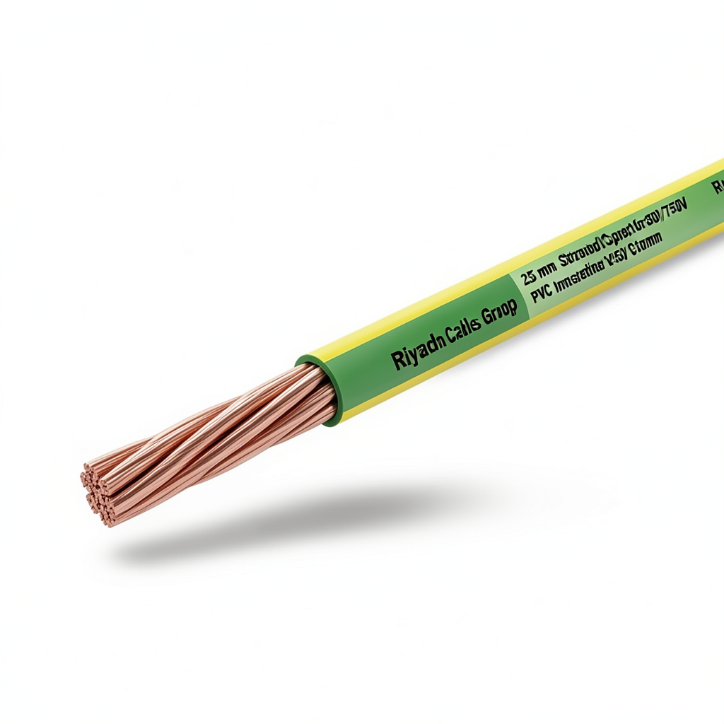 لفة سلك كهرباء تأريض نحاس مجدول 25 mm 450/750 فولت عزل PVC أخضر/أصفر | مجموعة كابلات الرياض