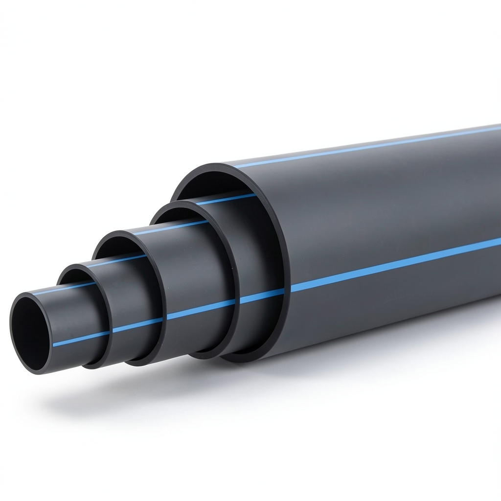 مواسير بلاستيك HDPE ضغط اسمي 9.9 بار PE100 قطر خارجي 250 مم SDR 13.6 أسود مع خطوط زرقاء
