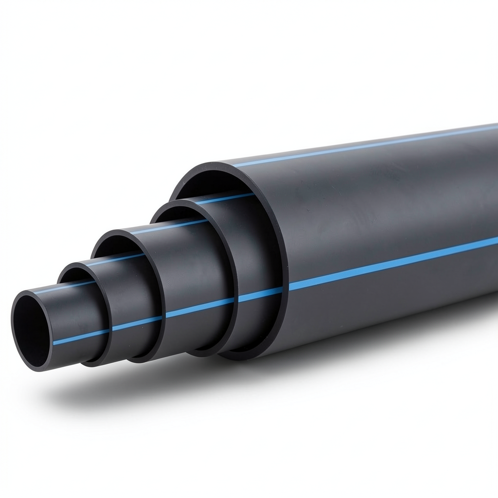 HDPE Polyethylene Pipe Nominal Pressure 12.5 Bar PE100 OD 200 mm SDR 11 Black with Blue Stripes