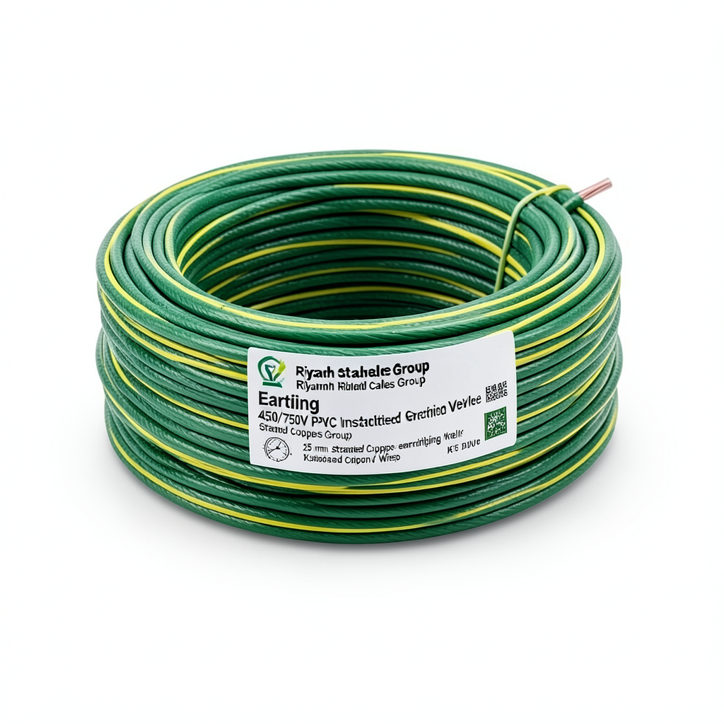 لفة سلك كهرباء تأريض نحاس مجدول 25 mm 450/750 فولت عزل PVC أخضر/أصفر | مجموعة كابلات الرياض
