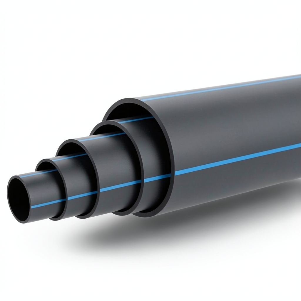 HDPE Polyethylene Pipe Nominal Pressure 15.6 Bar PE 100 OD 200 mm SDR 9 Black with Blue Stripes