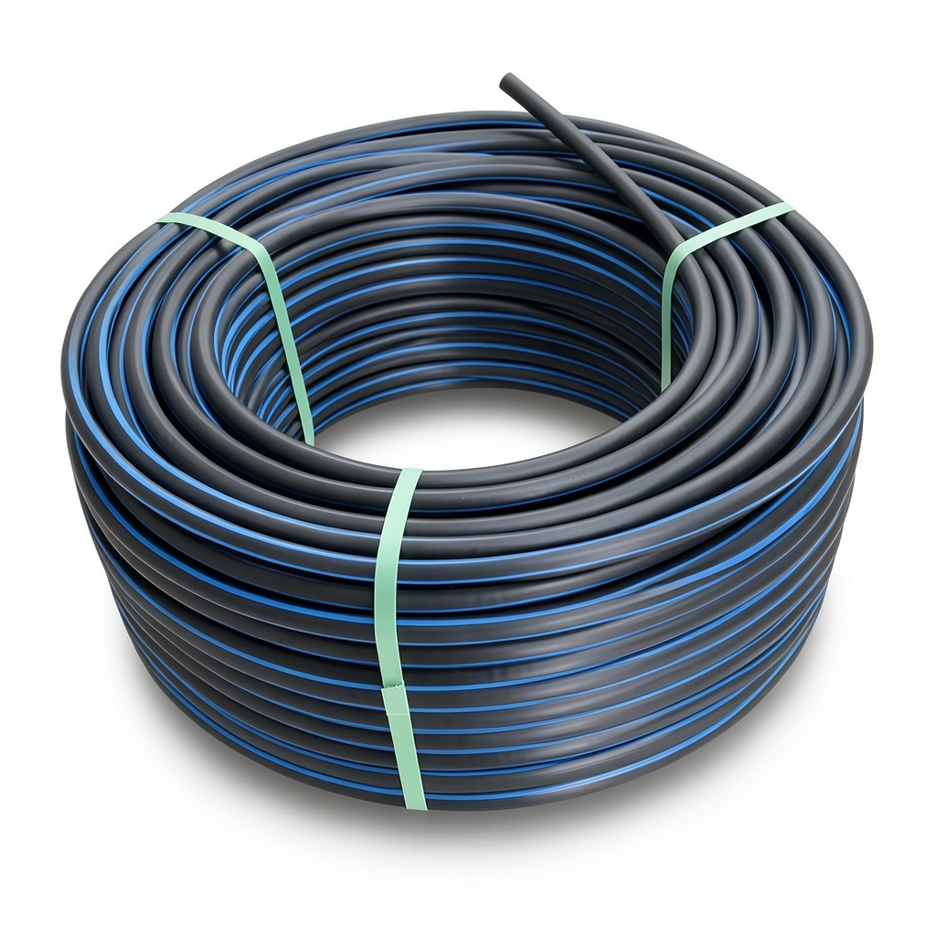 لفة أنابيب HDPE ضغط 3.2 بار PE 100 قطر خارجي 63 مم SDR 41 أسود مع خطوط زرقاء