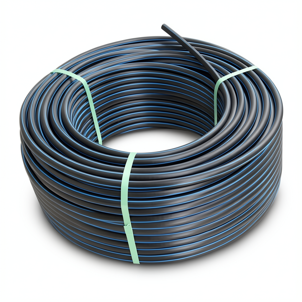 لفة أنابيب HDPE ضغط 3.2 بار PE 100، قطر خارجي 125 مم، SDR 41 أسود مع خطوط زرقاء
