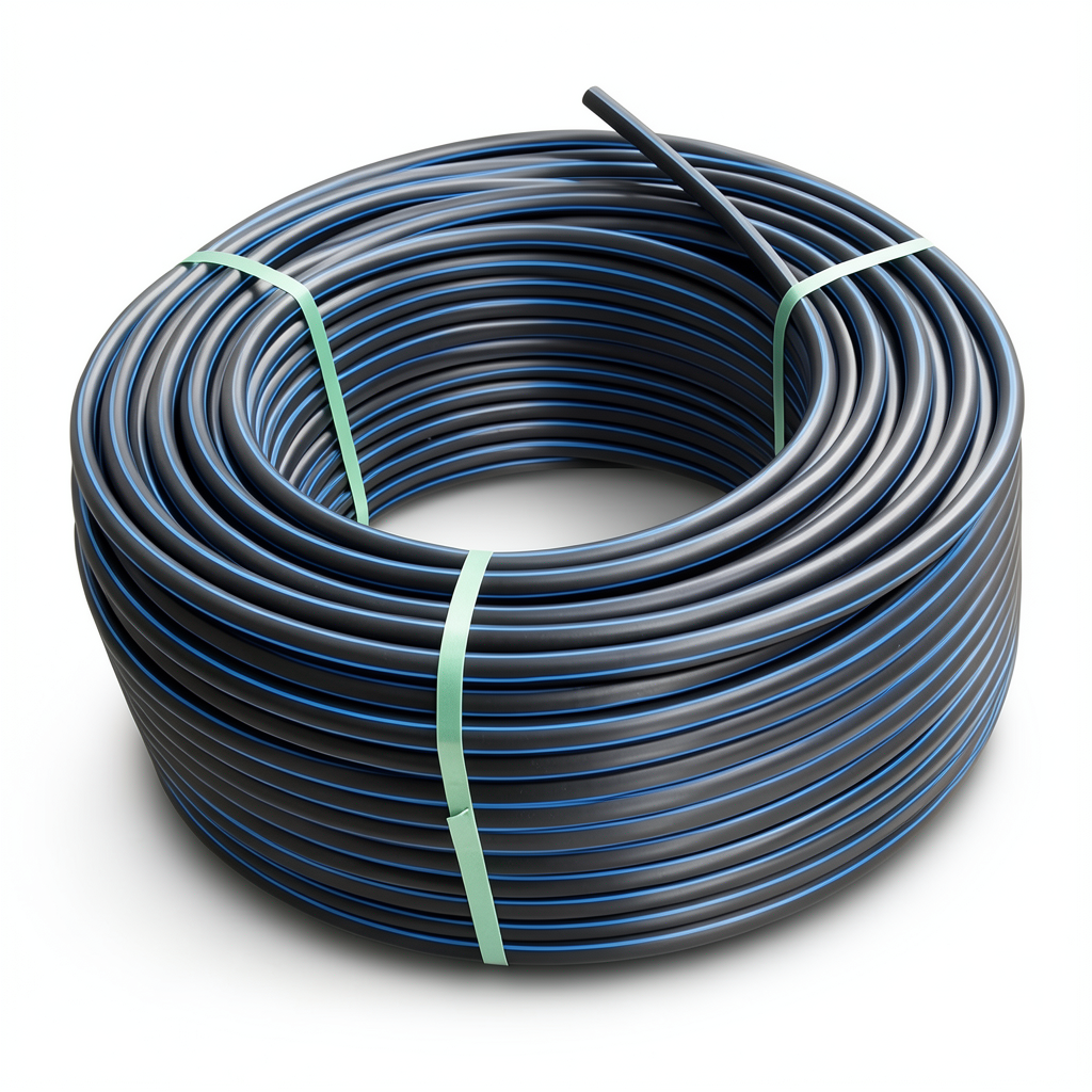 لفة أنابيب HDPE ضغط اسمي 3.2 بار PE 100 قطر خارجي 140 مم SDR 41 أسود مع خطوط زرقاء