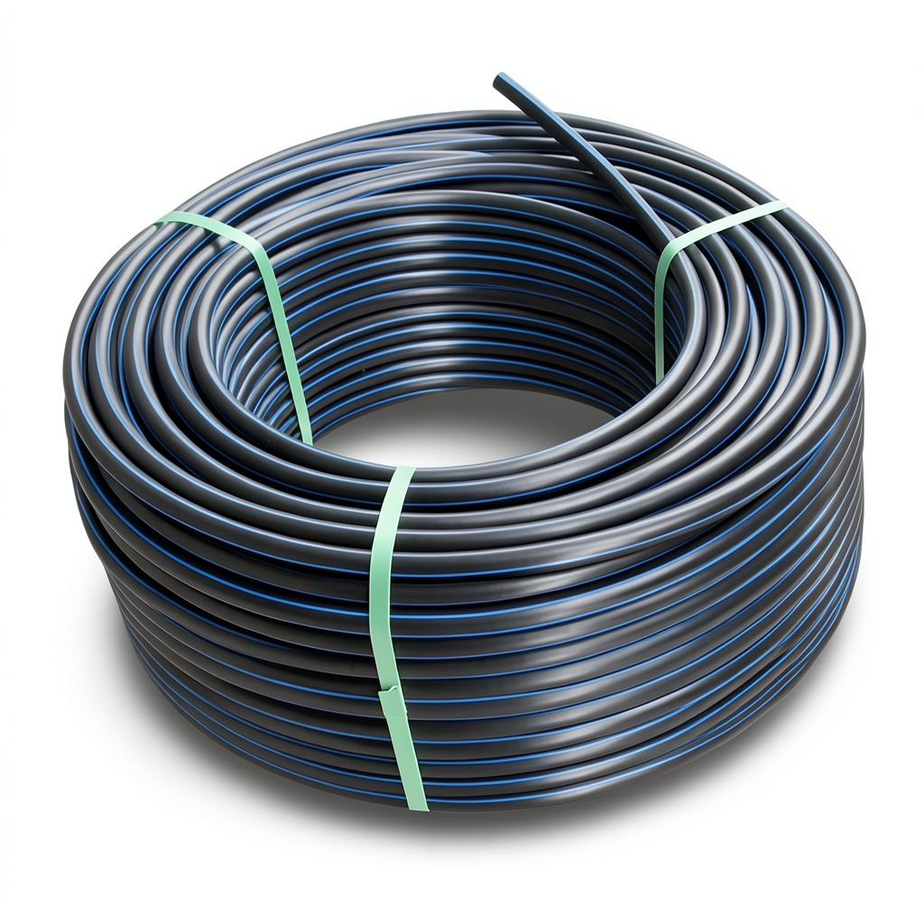 لفة أنابيب HDPE ضغط اسمي 3.2 بار PE 100 قطر خارجي 140 مم SDR 41 أسود مع خطوط زرقاء
