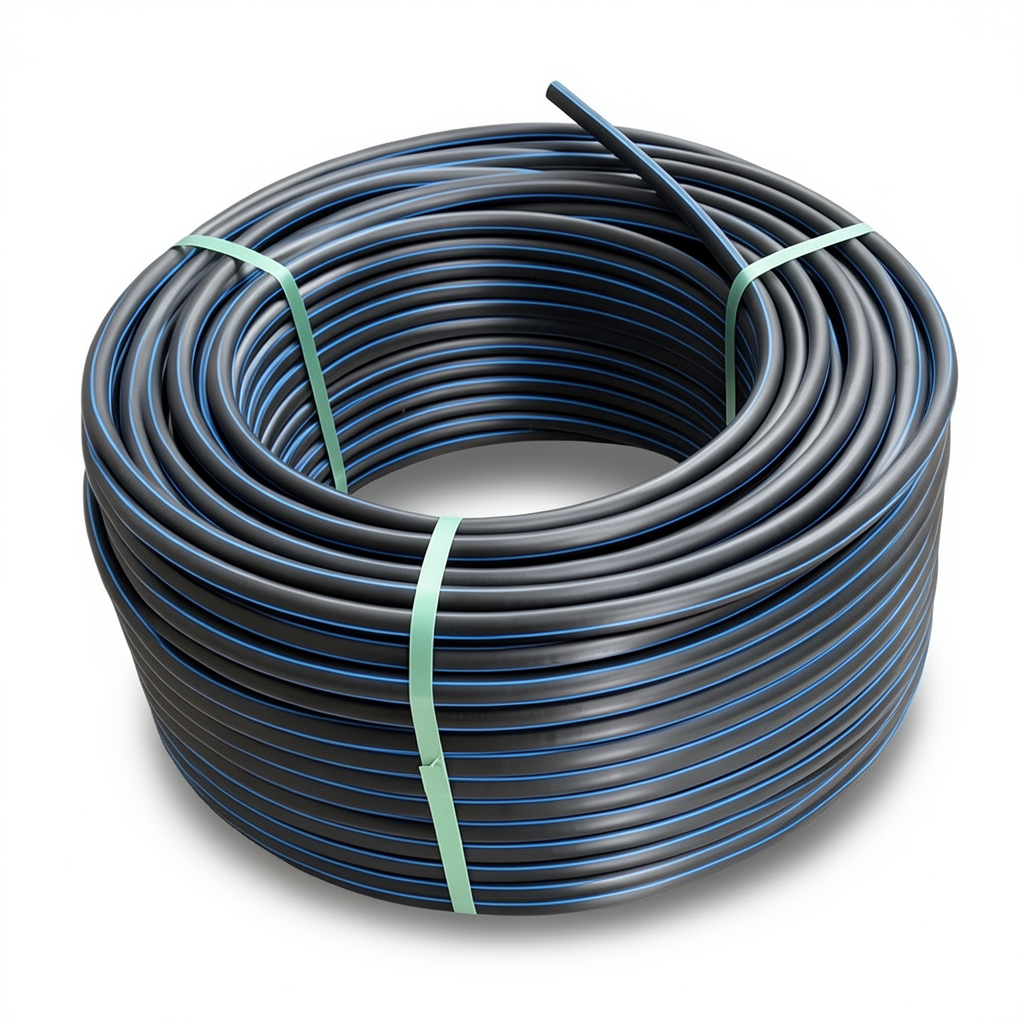 HDPE Plastic Coil Pipe PN 4 Bar PE 100, 110 mm SDR 33 Black with Blue Stripes