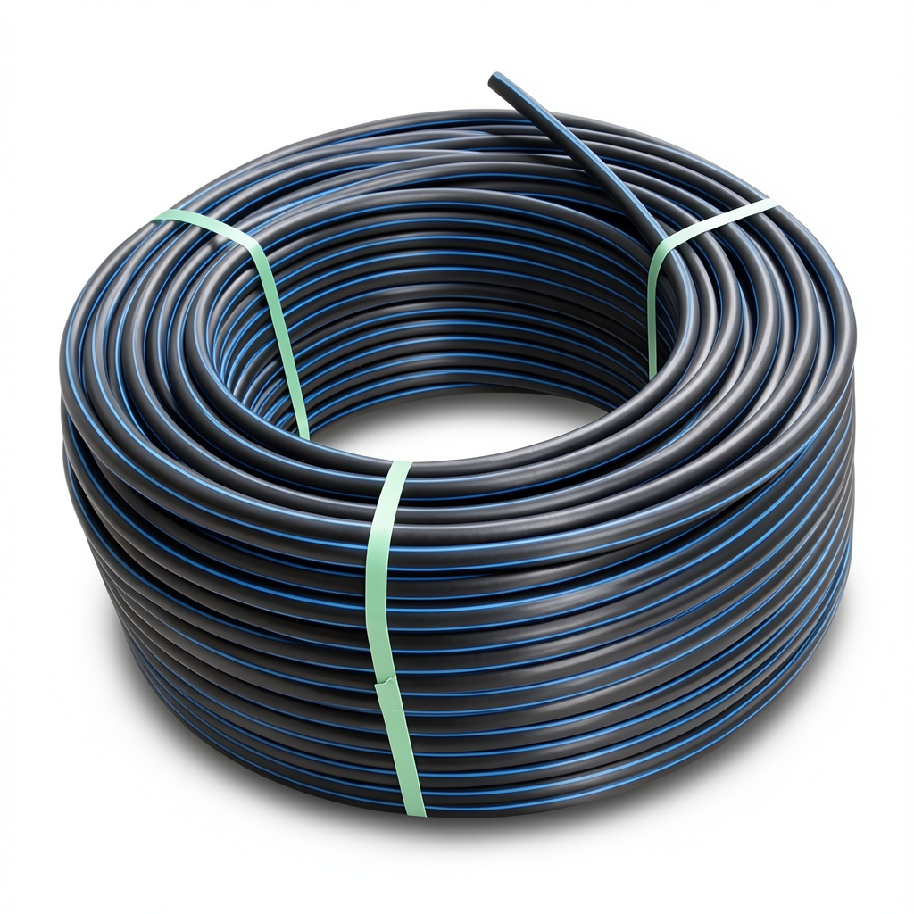 لفة أنابيب HDPE ضغط 4 بار PE 100 قطر خارجي 140 مم SDR 33 أسود مع خط أزرق
