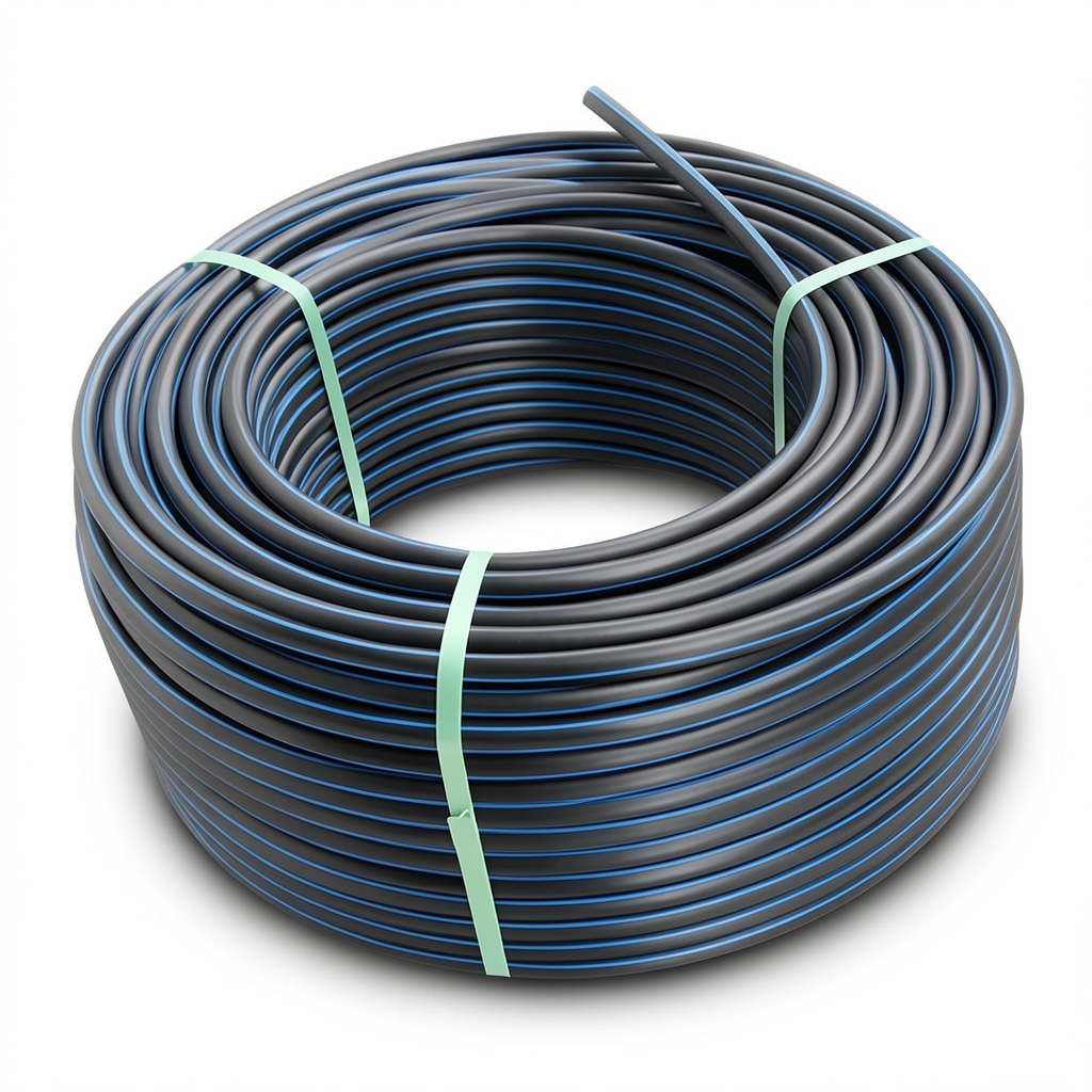 HDPE Plastic Coil Pipe PN 4 Bar PE 100, 110 mm SDR 33 Black with Blue Stripes
