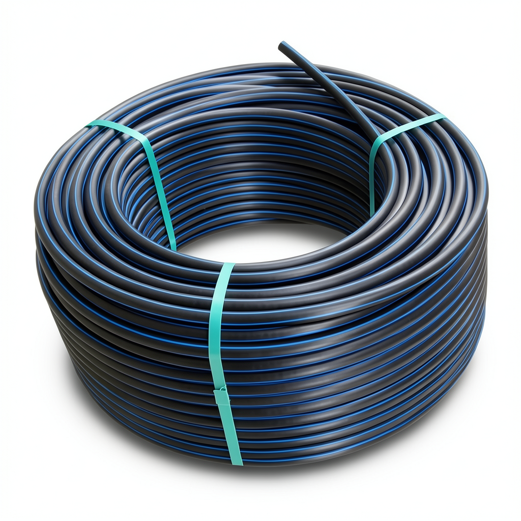 لفة أنابيب بلاستيك HDPE ضغط 12.5 بار PE 100 قطر خارجي 50 مم SDR 11 أسود مع خطوط زرقاء