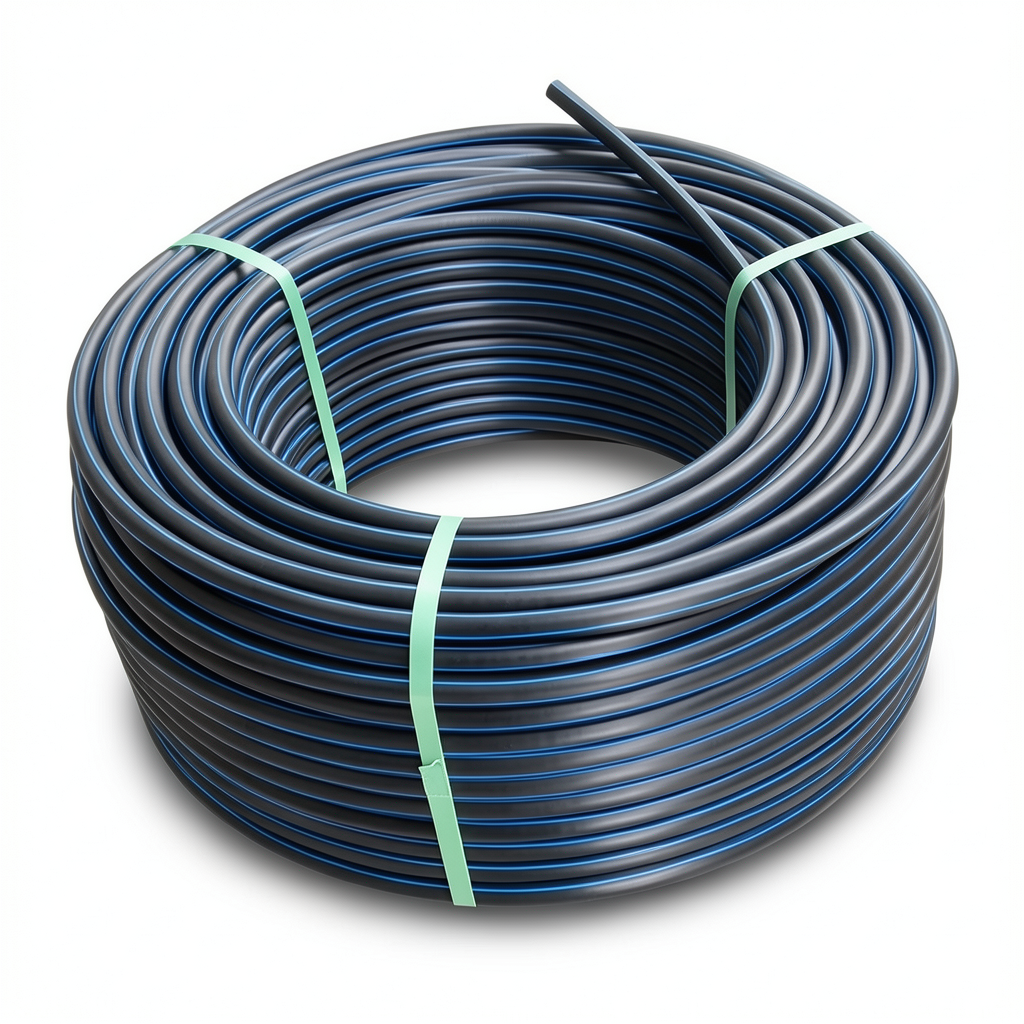 HDPE Plastic Coil Pipe PN 12.5 Bar PE 100 OD 90 mm SDR 11 Black with Blue Stripes