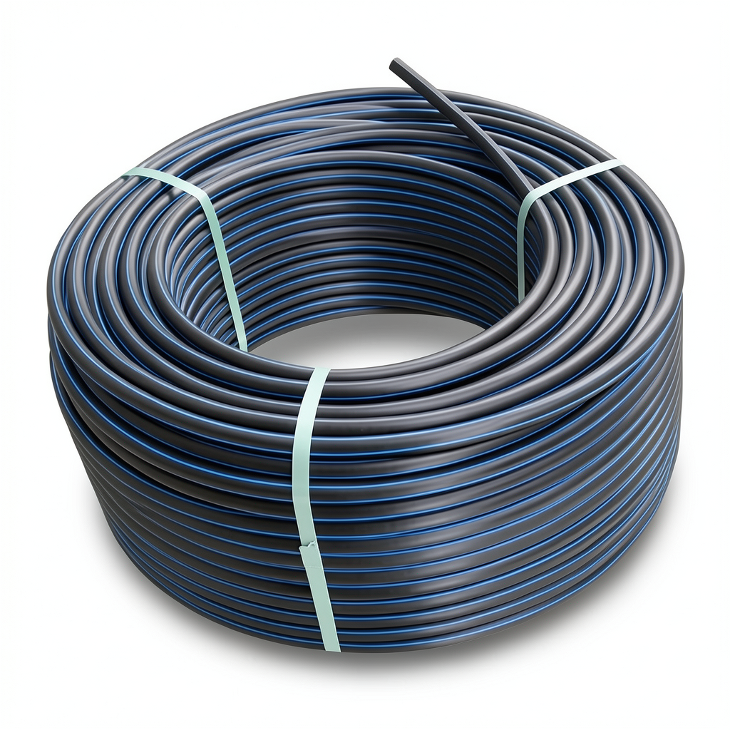 لفة أنابيب بلاستيك HDPE ضغط 15.6 بار PE 100 قطر خارجي 32 مم SDR 9 أسود مع خط أزرق