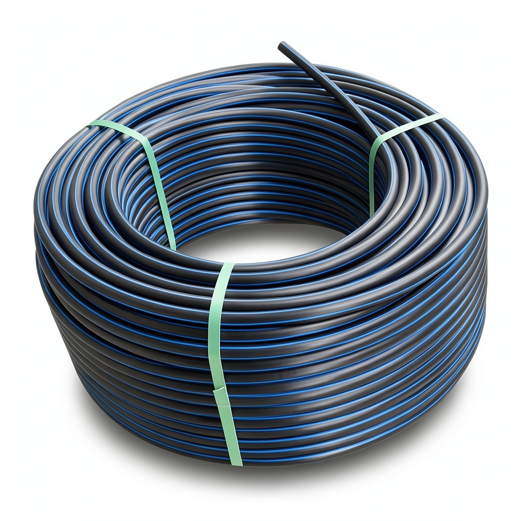 HDPE Plastic Coil Pipe Nominal Pressure 4 Bar PE 100 OD 140 mm SDR 33 Black with Blue Stripes