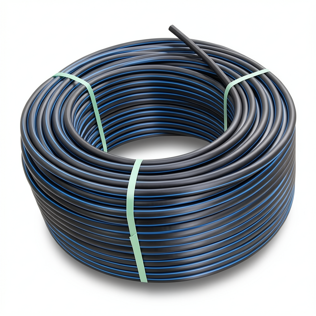 لفة أنابيب بلاستيك HDPE ضغط 9.9 بار PE 100 قطر 63 مم SDR 13.6 أسود مع خطوط زرقاء