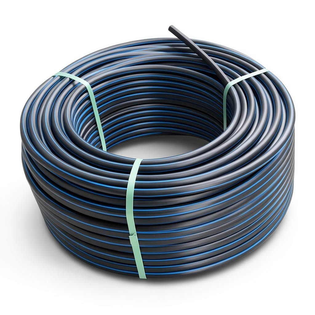 لفة أنابيب بلاستيك HDPE ضغط 9.9 بار PE 100 قطر خارجي 75 مم SDR 13.6 أسود مع خطوط زرقاء