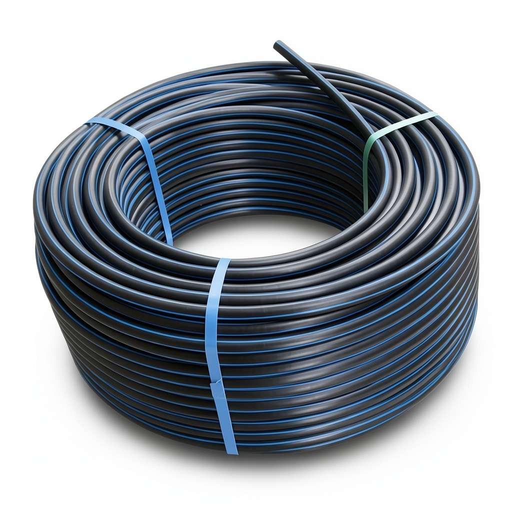 HDPE Plastic Coil Pipe Nominal Pressure 9.9 Bar PE 100, 90 mm SDR 13.6 Black with Blue Stripes