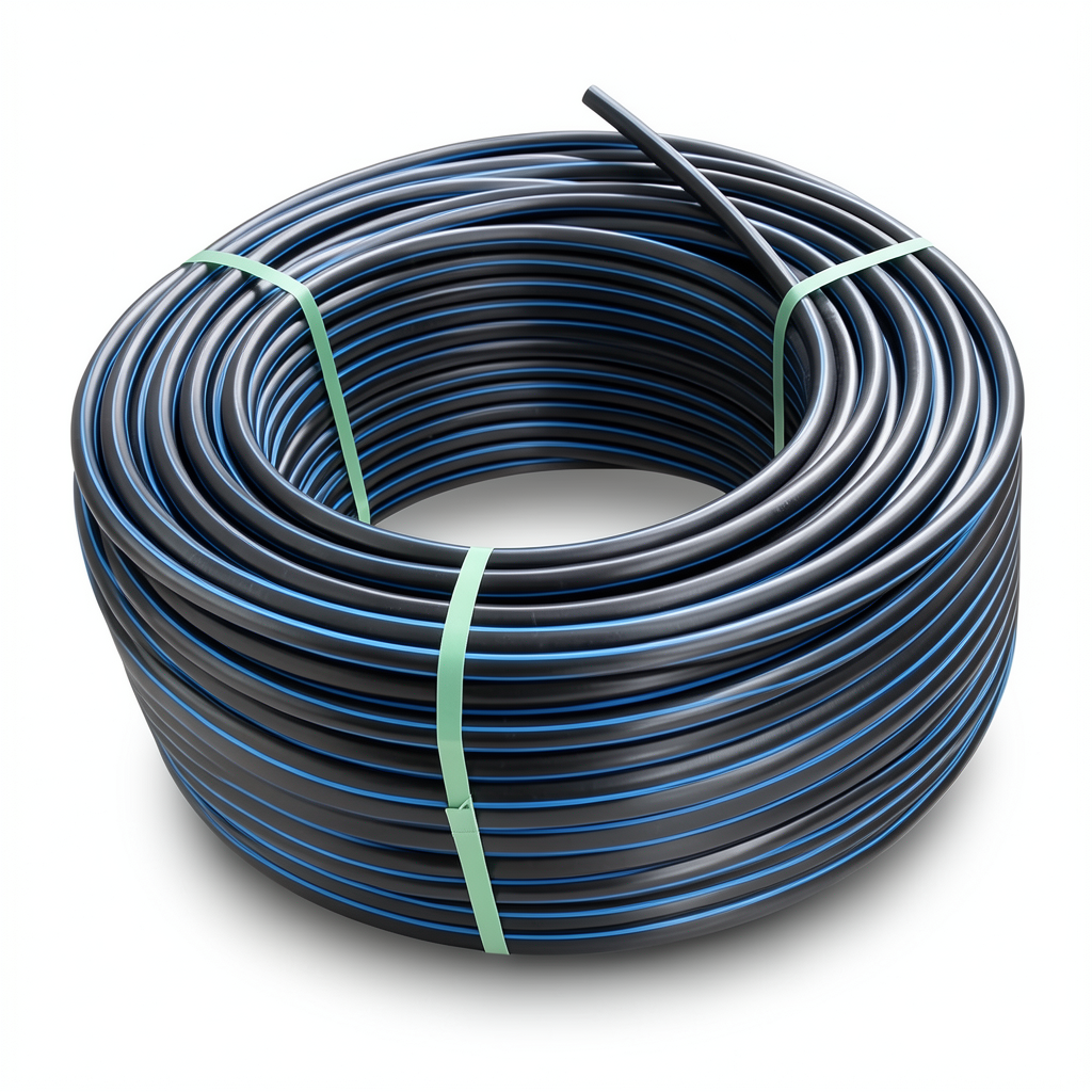 لفة أنابيب بلاستيك HDPE ضغط 12.5 بار PE 100 قطر خارجي 50 مم SDR 11 أسود مع خطوط زرقاء