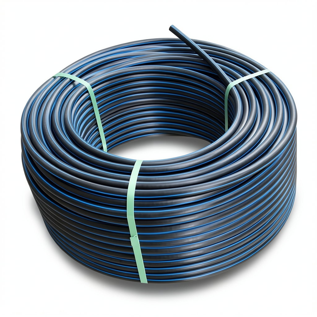 لفة أنابيب HDPE ضغط 12.5 بار PE 100 قطر خارجي 63 مم SDR 11 لون أسود مع خط أزرق
