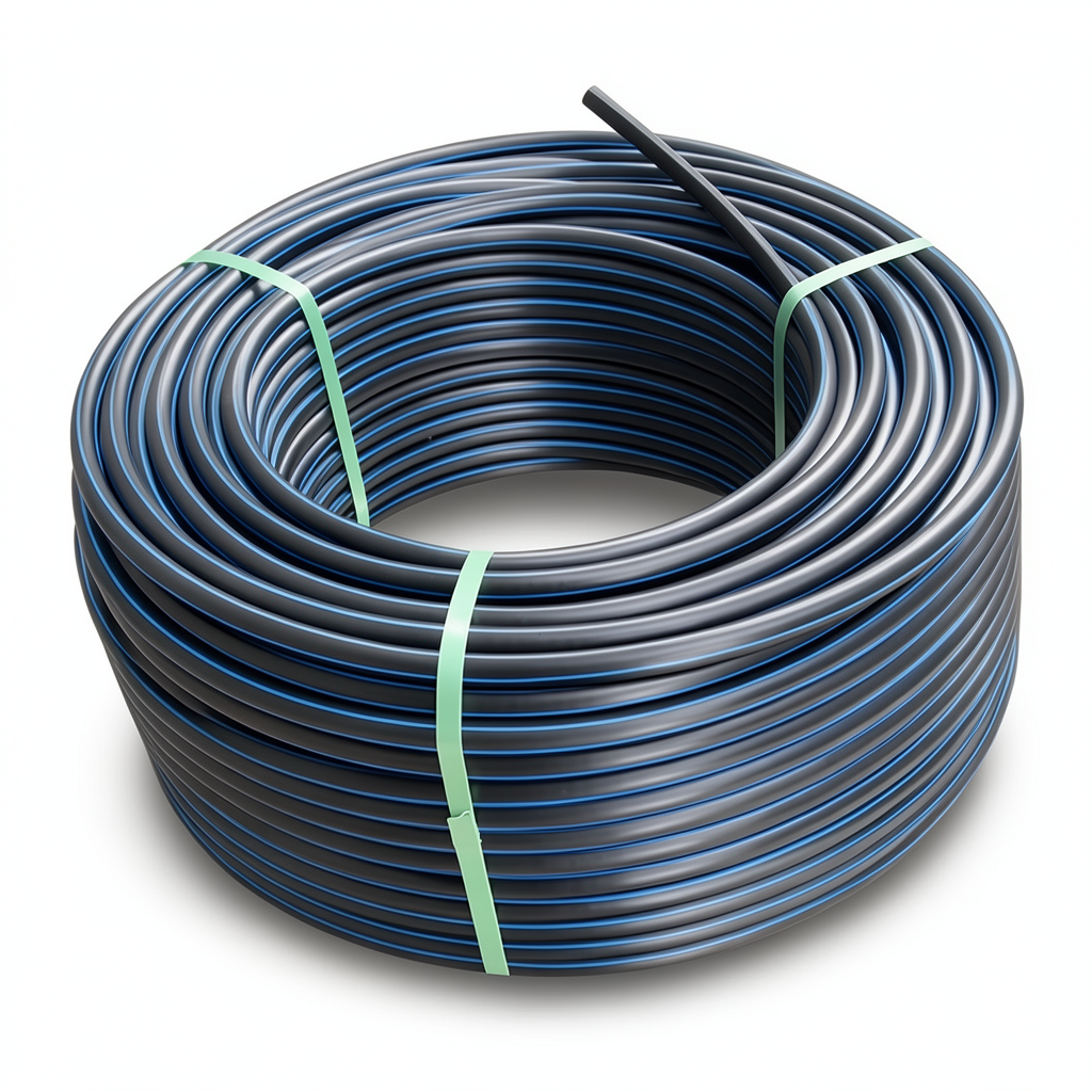 HDPE Plastic Coil Pipe Nominal Pressure 12.5 Bar PE 100 75 mm SDR 11 Black with Blue Stripes