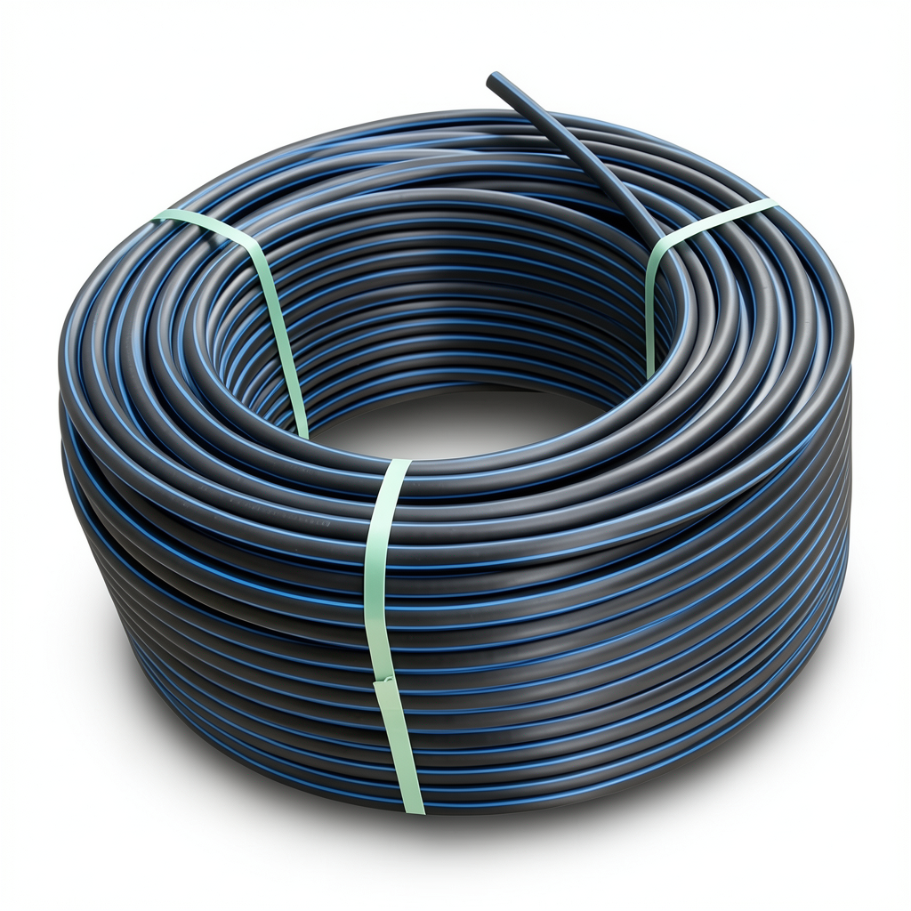 لفة أنابيب HDPE ضغط اسمي 15.6 بار PE 100 قطر خارجي 16 مم SDR 9 أسود مع خطوط زرقاء