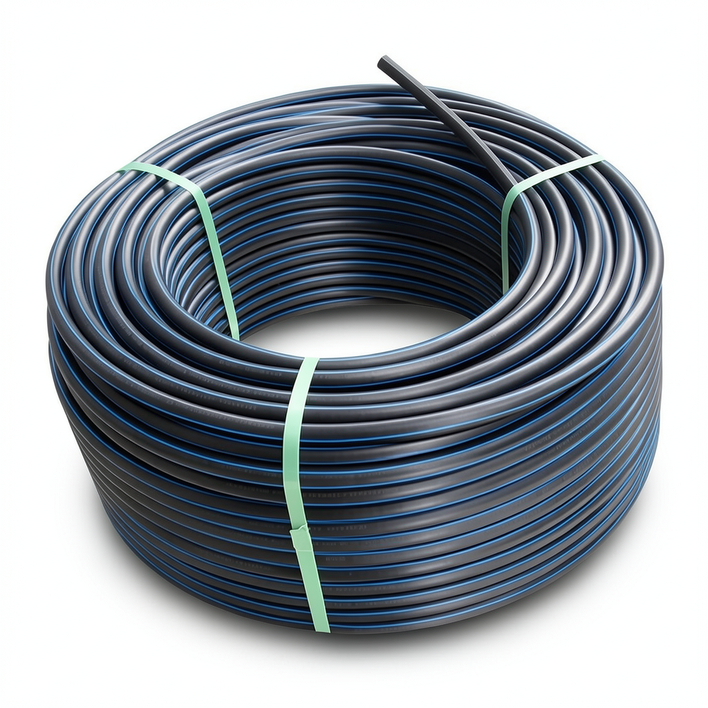 لفة أنابيب HDPE ضغط 15.6 بار PE 100 قطر خارجي 20 مم SDR 9 أسود مع خط أزرق