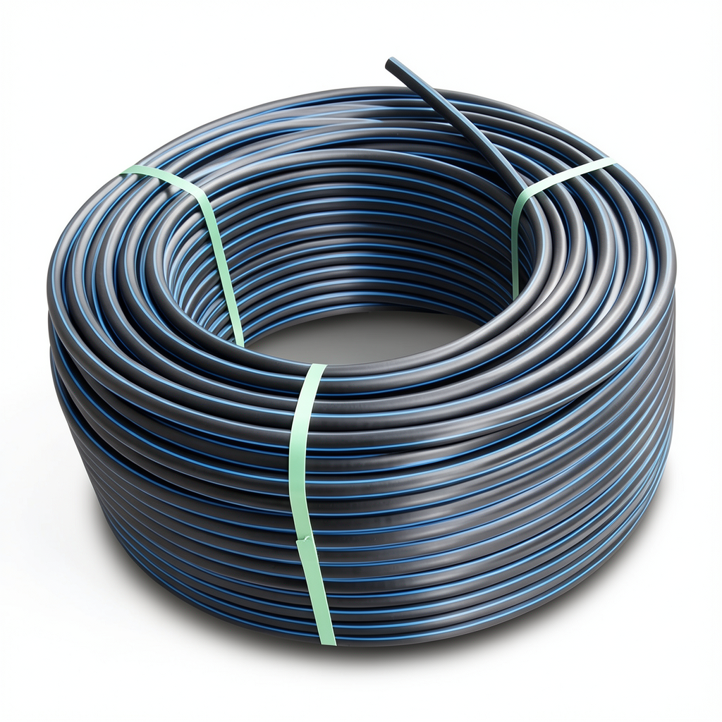لفة أنابيب بلاستيك بولي ايثيلين عالي الكثافة ضغط 15.6 بار [PE 100] قطر خارجي 40 مم SDR 9 لون أسود مع خط أزرق