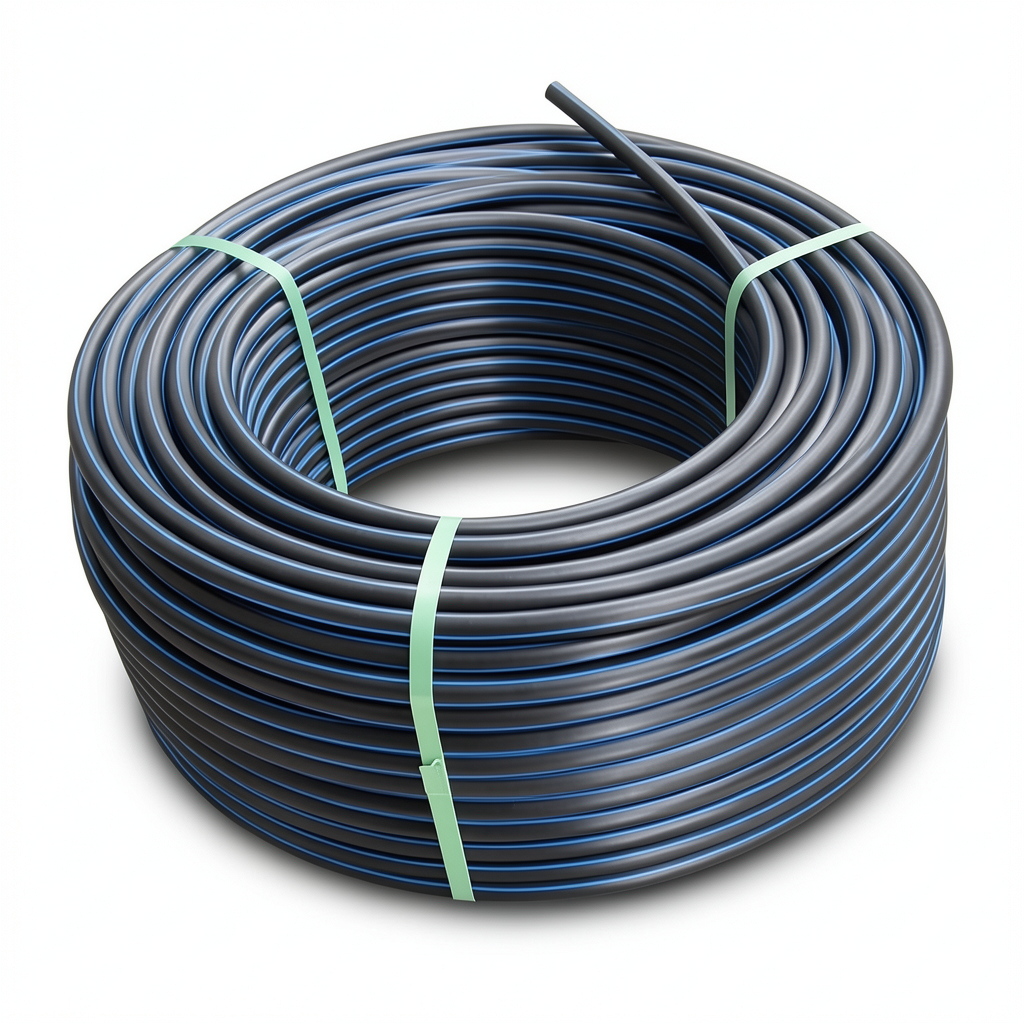 لفة أنابيب HDPE ضغط 15.6 بار PE 100 قطر خارجي 50 مم SDR 9 أسود مع خطوط زرقاء