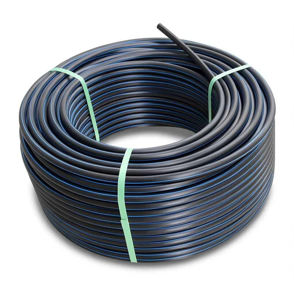 لفة أنابيب بلاستيك HDPE ضغط 15.6 بار PE 100 قطر خارجي 75 مم SDR 9 لون أسود مع خط أزرق