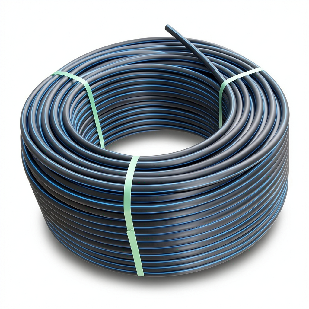 HDPE Plastic Coil Pipe PN 15.6 Bar PE 100 OD 90 mm SDR 9 Black with Blue Stripes