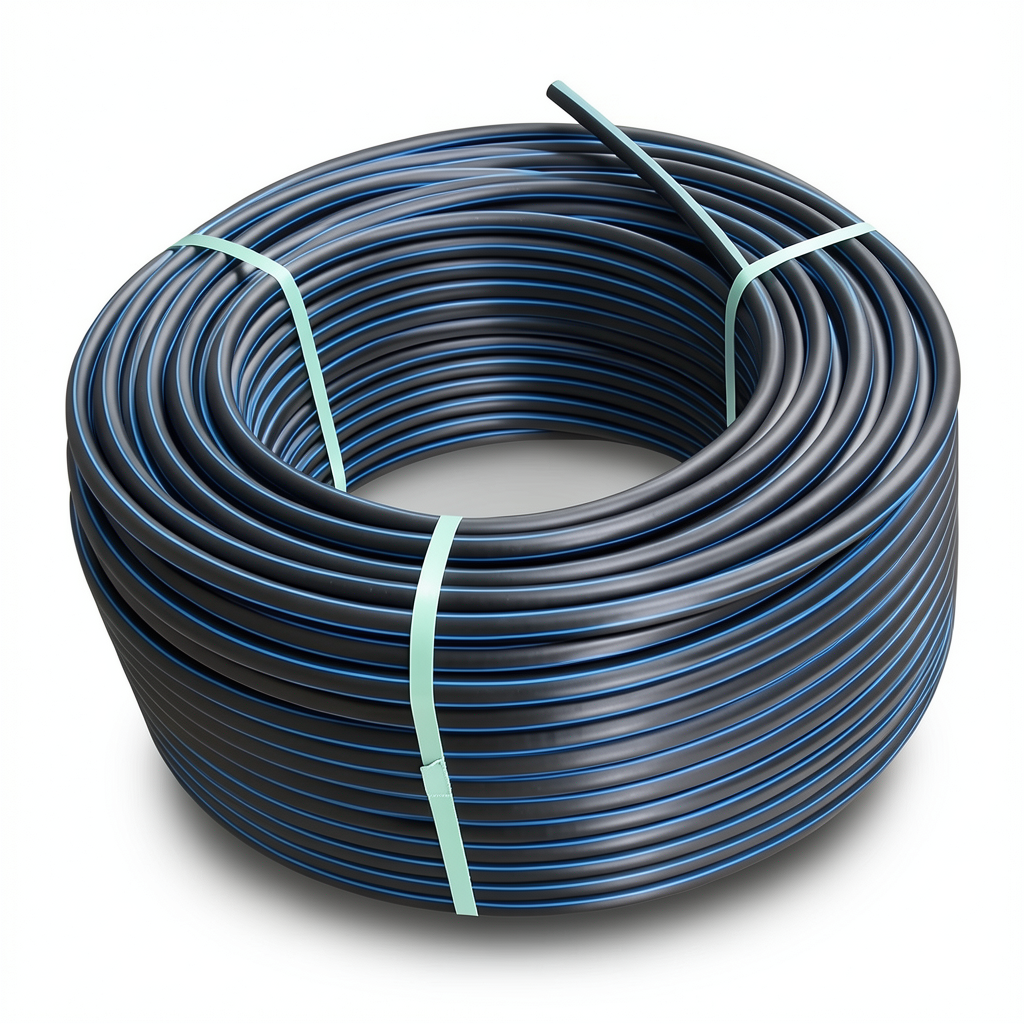 HDPE Plastic Coil Pipe PN 15.6 Bar PE 100, 110 mm SDR 9 Black with Blue Stripes