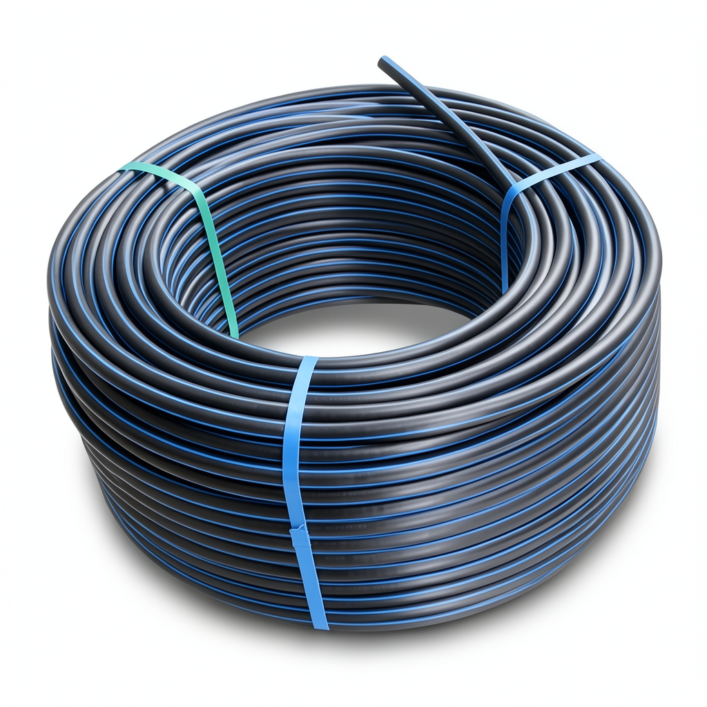 لفة أنابيب HDPE ضغط 19.2 بار PE 100 قطر خارجي 20 مم SDR 7.4 أسود مع خط أزرق