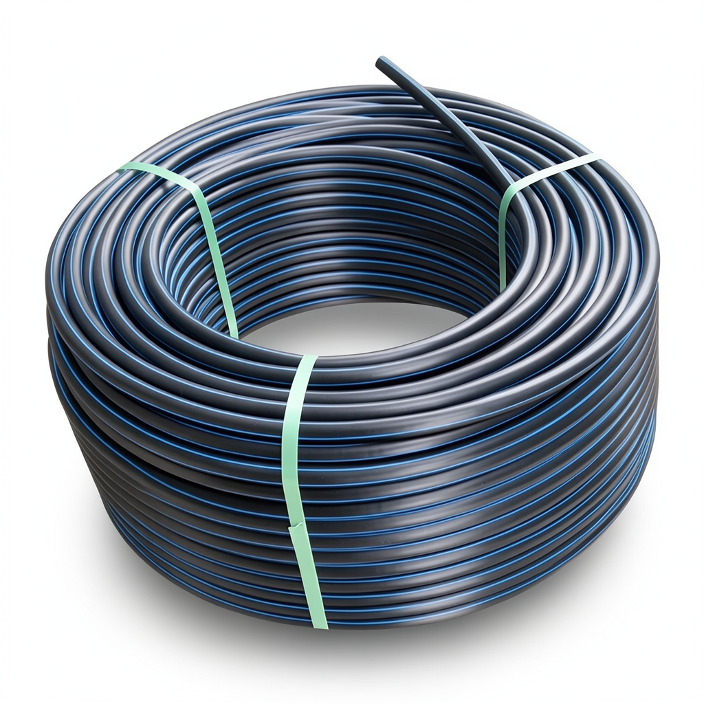 لفة أنابيب بلاستيك HDPE ضغط 15.6 بار PE 100 قطر خارجي 75 مم SDR 9 لون أسود مع خط أزرق