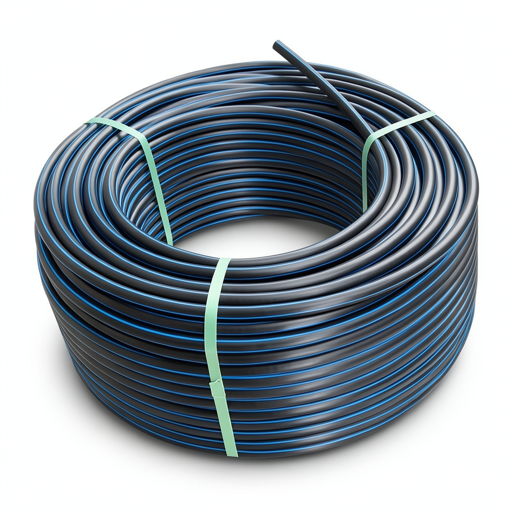 HDPE Plastic Coil Pipe Nominal Pressure 15.6 Bar PE 100, 140 mm SDR 9 Black with Blue Stripes