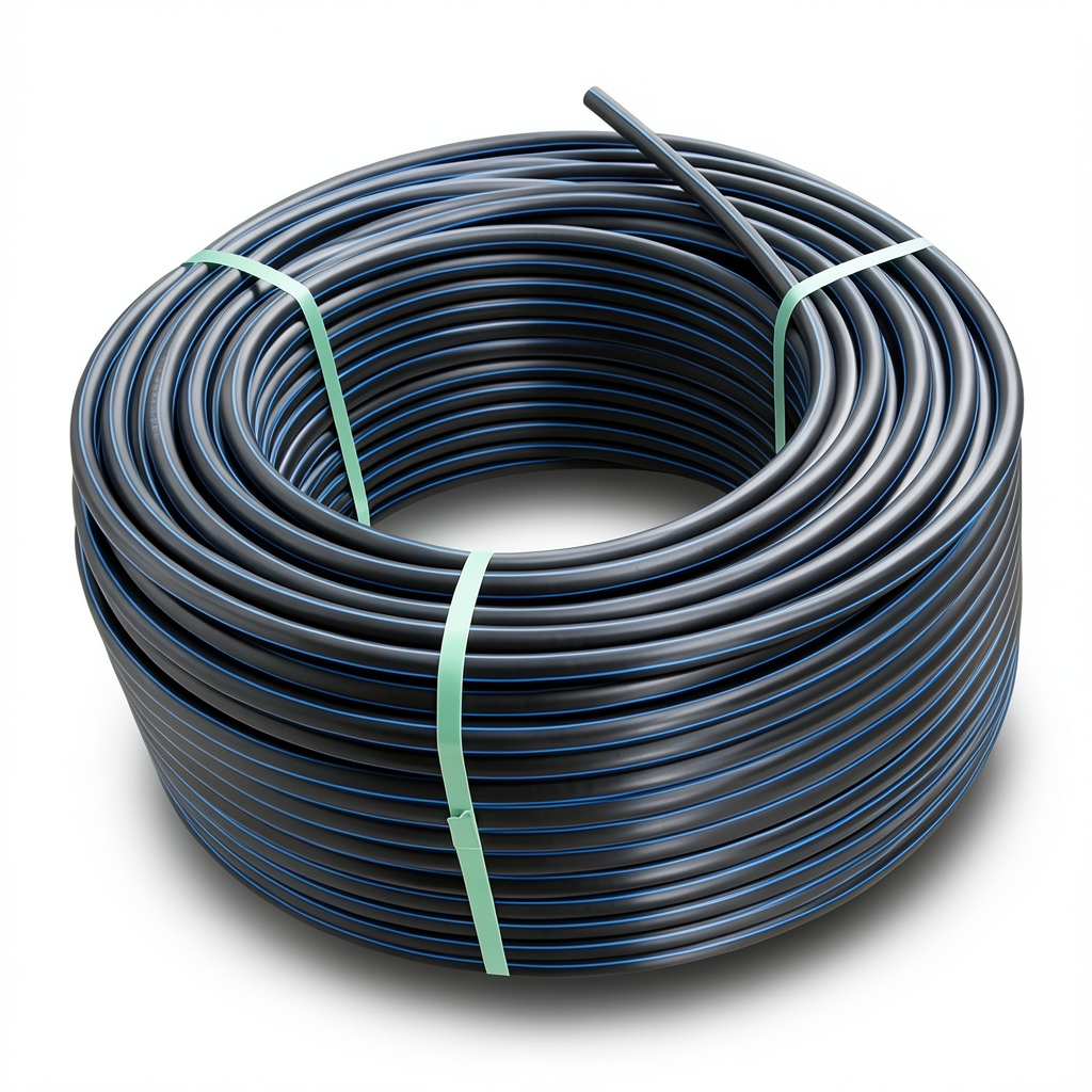 لفة أنابيب بلاستيك HDPE ضغط 19.2 بار PE 100، قطر خارجي 40 مم، SDR 7.4 لون أسود مع خط أزرق