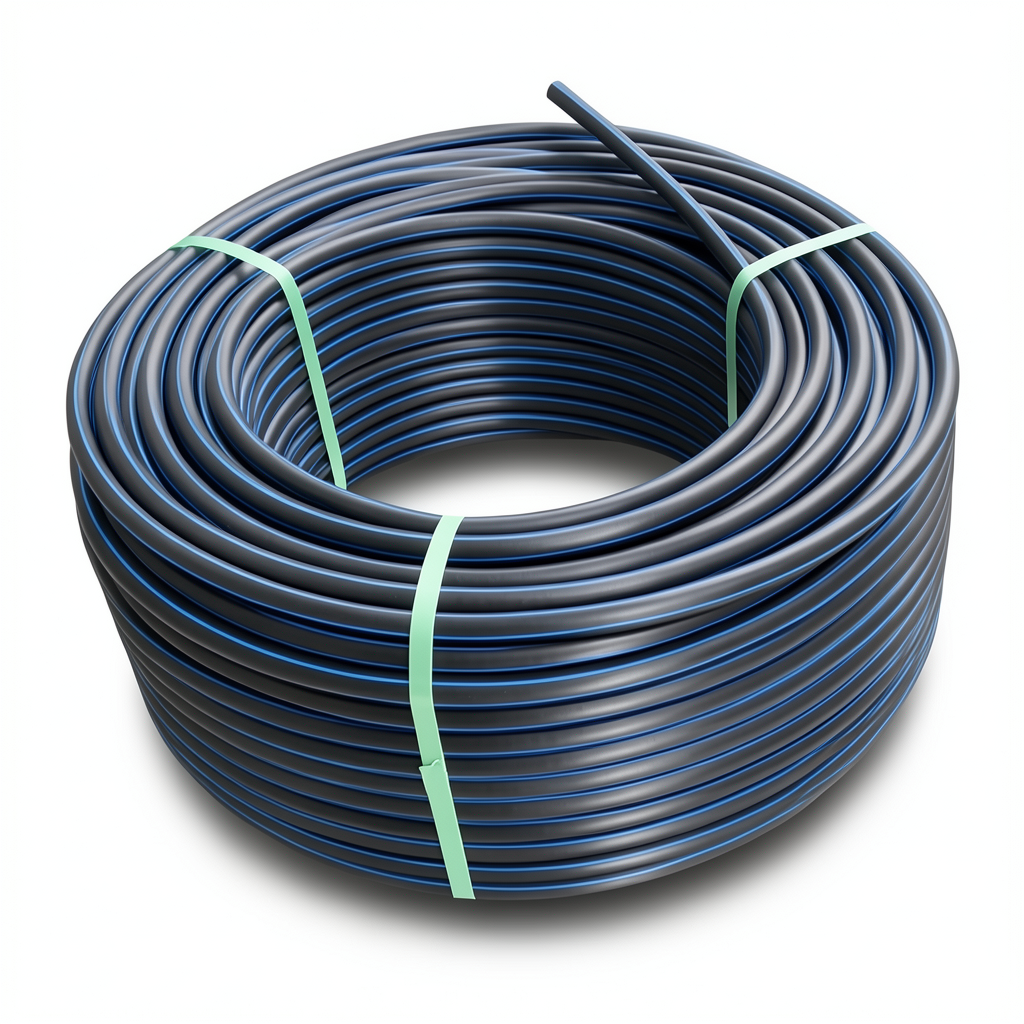 لفة أنابيب بلاستيك HDPE ضغط اسمي 19.2 بار PE 100 قطر خارجي 50 مم SDR 7.4 أسود مع خطوط زرقاء