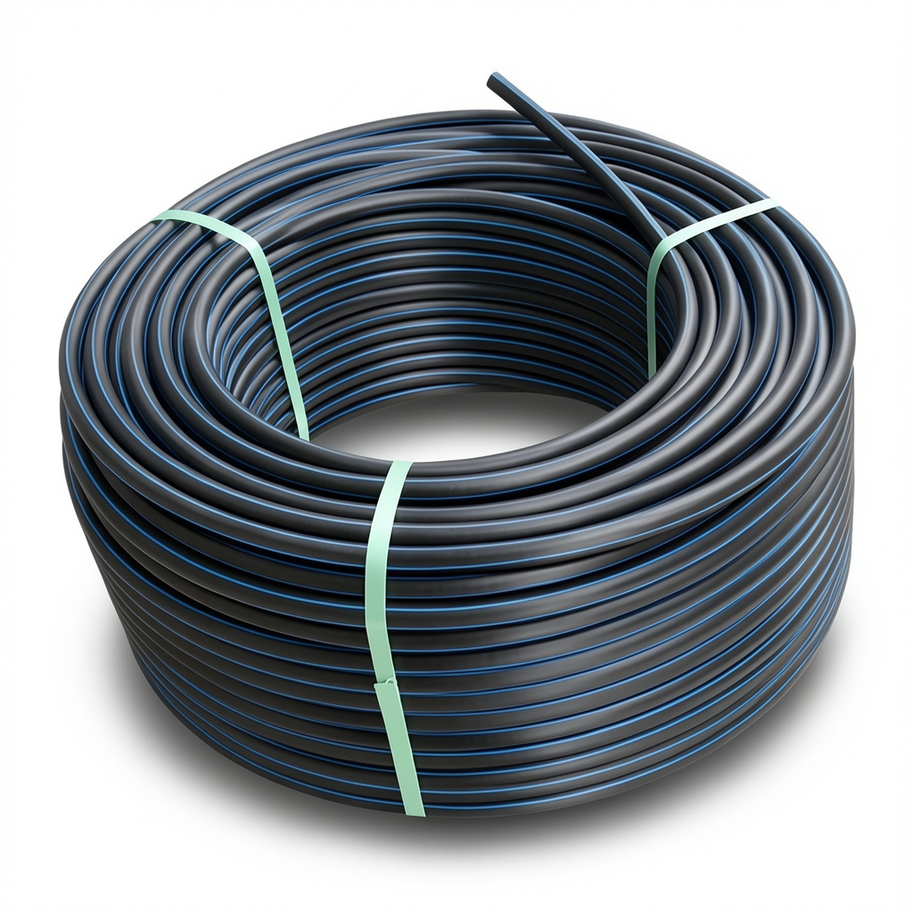 HDPE Plastic Coil Pipe Nominal Pressure 19.2 Bar PE 100 OD 90 mm SDR 7.4 Black with Blue Stripes