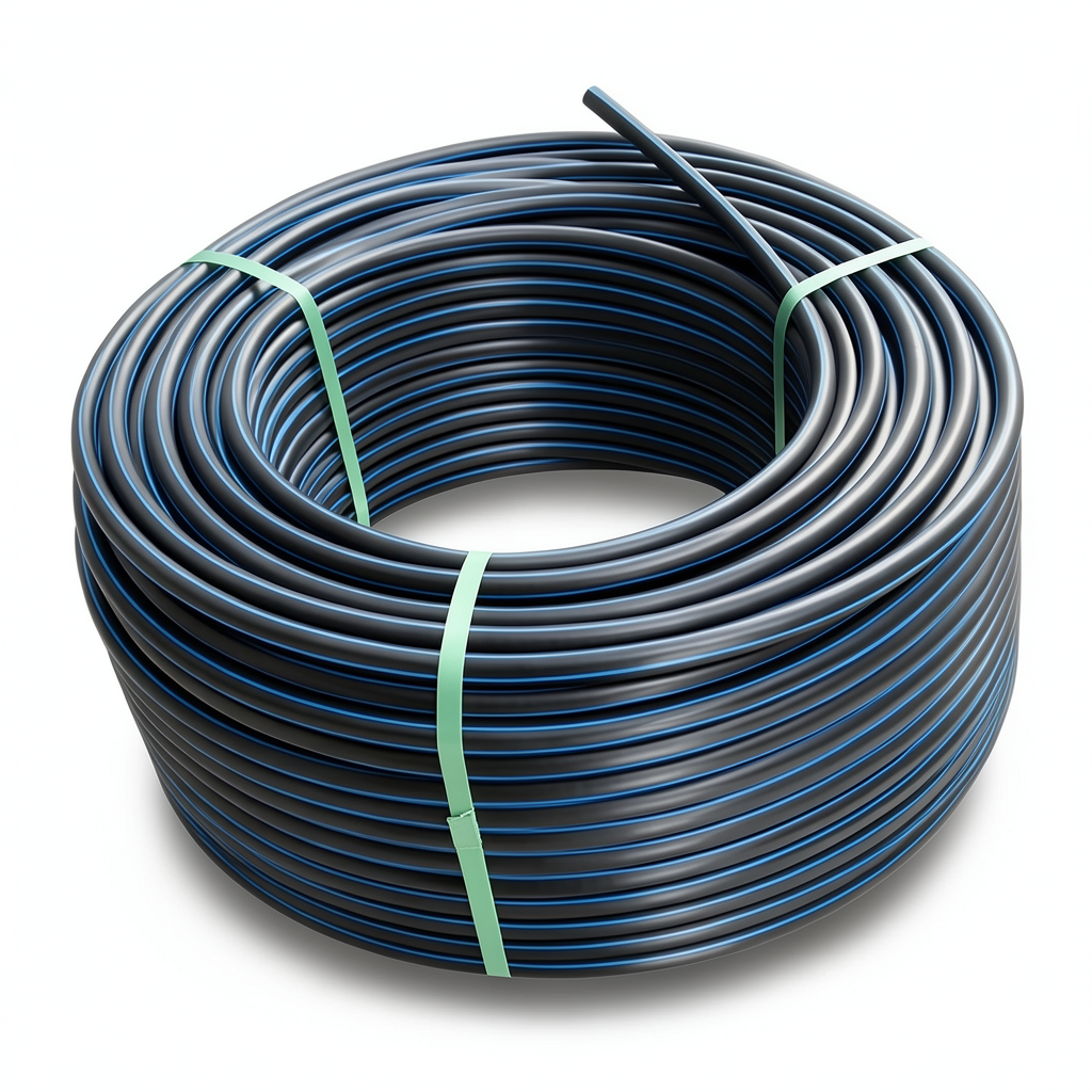 لفة أنابيب بلاستيك HDPE ضغط اسمي 19.2 بار PE 100 قطر خارجي 50 مم SDR 7.4 أسود مع خطوط زرقاء