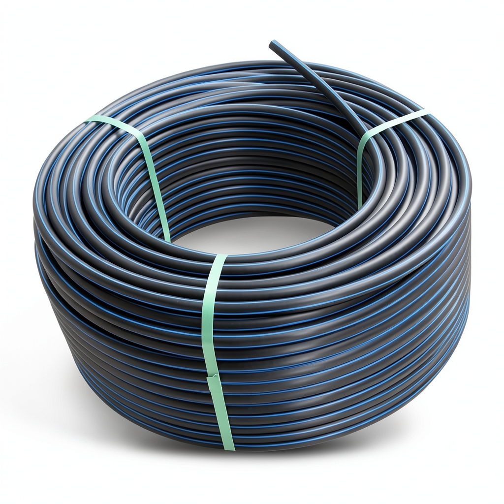 HDPE Plastic Coil Pipe Nominal Pressure 19.2 Bar PE100 OD 63 mm SDR 7.4 Black with Blue Stripes