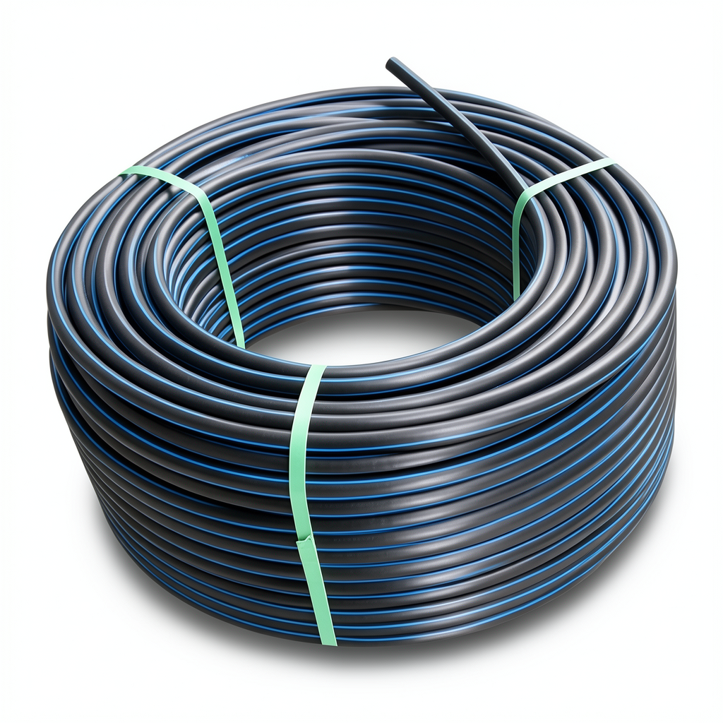 لفة أنابيب HDPE ضغط 19.2 بار PE 100 قطر خارجي 160 مم SDR 7.4 أسود مع خطوط زرقاء