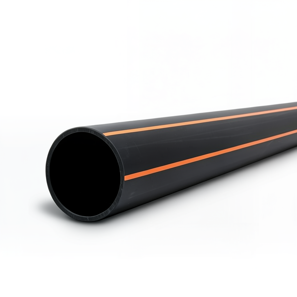 مواسير HDPE ضغط 10 بار PE 100 قطر خارجي 355 مم سماكة 32.3 مم اسود مع خطوط برتقالي